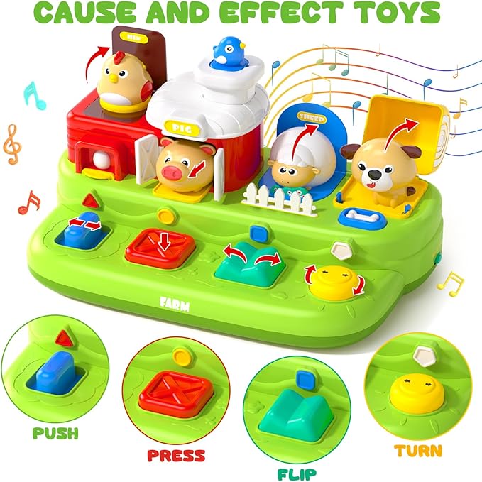 Vunrahsg Interactive Pop Farm Animal Up Toys with Music Sounds Montessori Cause and Effect for 1-3 Baby Boy Girl Early Educational Musical Baby Infant STEM Gift 12-18 Months Babies Birthday