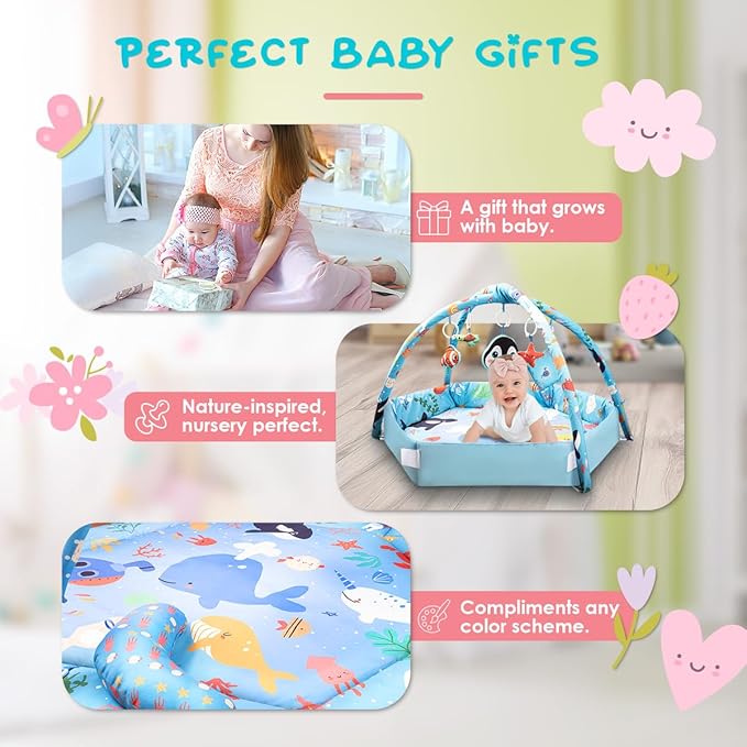 Baby Play Mat,Tummy Time Mat with 6 Detachable Toys-Activity Gym for Visual, Auditory & Motor Development-Washable Baby Activity Mat for 0-12 Month Infants(Ocean)