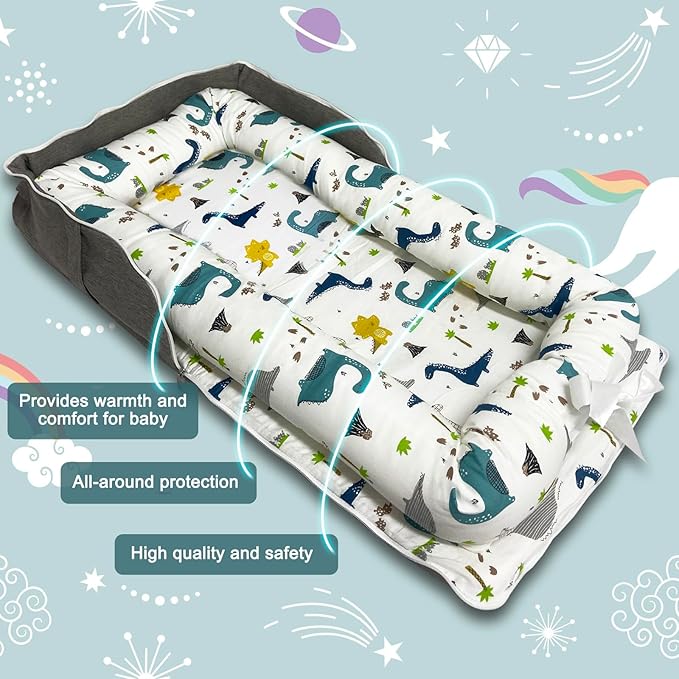 Baby Lounger, Foldable Portable Infant Lounger, Baby Nest Cover, Suitable for 0-24 Months Newborn Baby Lounger,Home Travel Dual-Purpose Baby Nest（Blue Dinosaur）