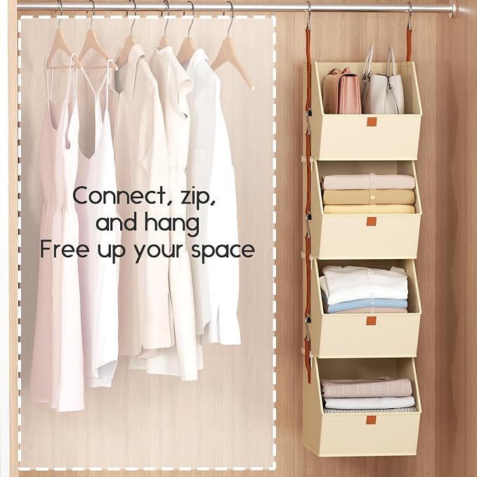 Homsorout Hanging Closet Organizer 4 Tier - Clothes Hanging Shelves, Space-Saving Closet System, Fabric Storage Bins Bedroom Organization, Collapsible Baskets for Home, Dorm, Rv, Beige, 2 Pack