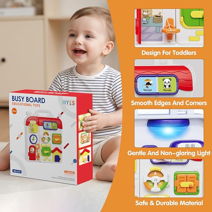 HYES Montessori Busy Board for Toddlers 1-3 2-4，Musical Toy for 12-18 Month Age, Early Educational Learning Birthday for 1 Year Old Boys Girls