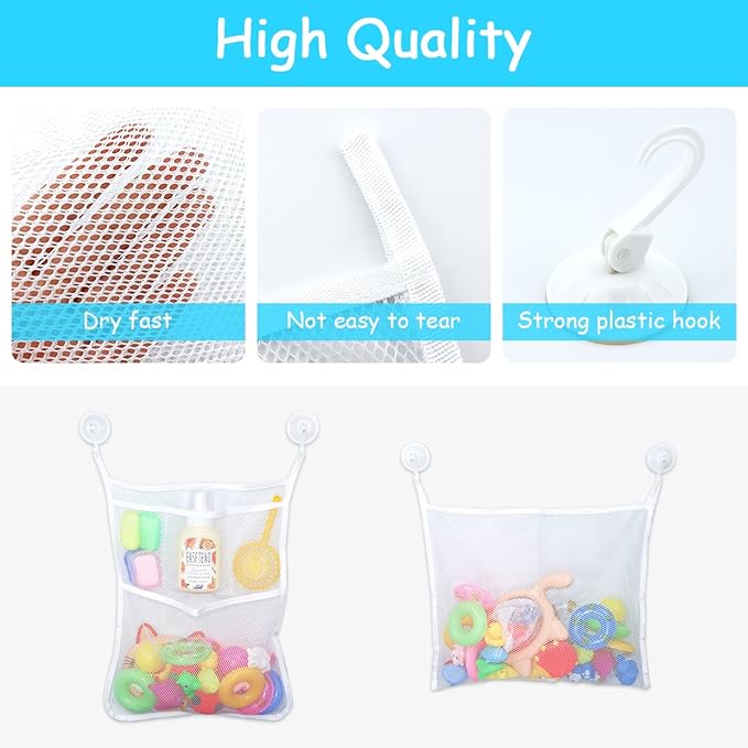 LEEFONE 2 PCS Mesh Bathtub Toy Holder Bag, 18 x 14 Inch Bath Toy Organizer, 4 Ultra Strong Hooks, White