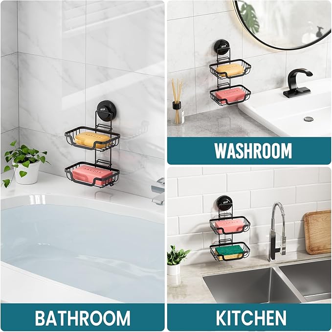 TAILI Soap Holder for Shower - Double Layer Soap Dish with Drain Holes, Rustproof Stainless Steel, Wall Mounted Rustproof Bath Organizer Keeps Sink & Shower Area Dry, Black