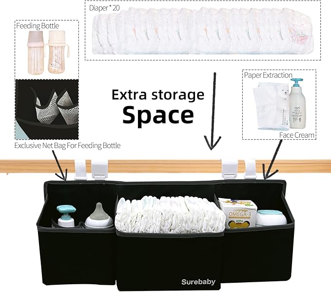 Hanging Baby Diaper Caddy, 3-in-1 Changing Table Diaper Organizer Holder For Baby Crib, Nursery Organization Diaper Stacker Storage For Crib, Changing Table-Black