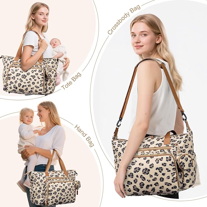 Tonyeee Diaper Bag Tote, Large Baby Diaper Bags for Travel, Hospital Bag for Labor Delivery with Pacifier Case, Changing Pad, Shoulder Strap, Leopard Print
