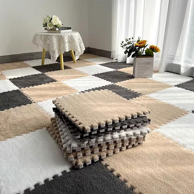 12pcs Plush Puzzle Foam Floor Mat, Cute Soft Fluffy Interlocking Square Foam Tiles Area Rugs Carpet for Parlor Bedroom Decoration(11.8x11.8x0.4in, Grey&White&Light Brown)
