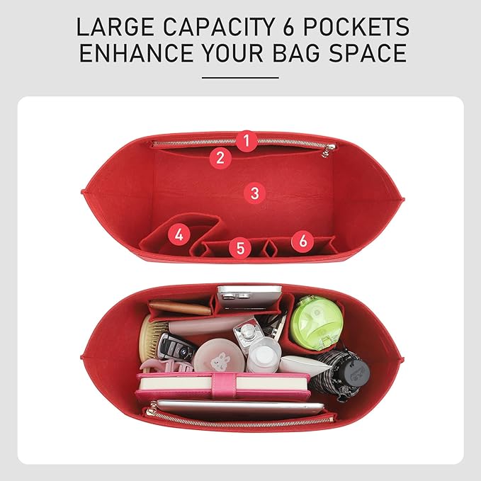 Premium Felt Purse Organizer Insert Compatible with Longchamp Le Pliage Large, Zipper Lightweight Long Champ Bag Organizer Insert with Cup Holder, 8 Compartments (Red,L)