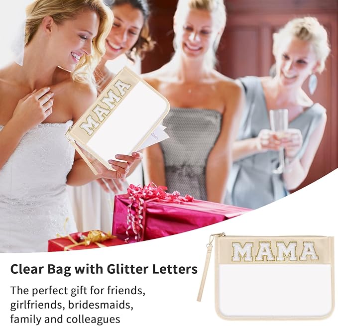 Iqimott Chenille Clear Letter Mama Bag Flat Pouch, Monogram Glitter Letter Patch Makeup Cosmetic Bag Zipper Toiletry Pouch, Portable Travel Beach Snack Wristlet Bags for Women Girls(Mama, Beige)