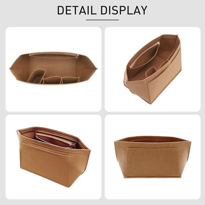 Felt Purse Organizer Insert Compatible with Longchamp Le Plaige M Tote Bag(Long Handle), Zipper Long Champ Medium Organizer with Cup Holder for Tote Handbags, 8 Compartments (Gold Brown,M)