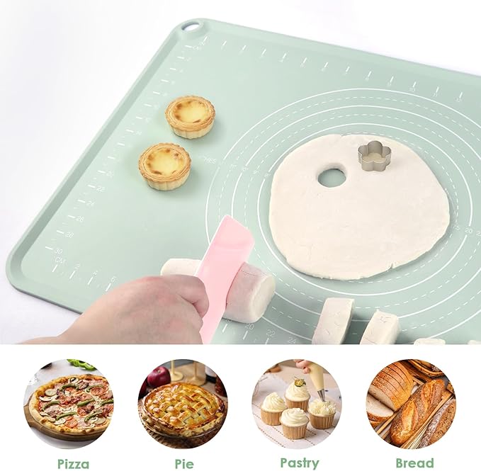 Silicone Pastry Mat, Non Slip Dough Mat with Measurements and Raised Edges, Food Grade Silicone Countertop Baking Mat for Rolling Dough, Kneading Bread, Cookies, Pizza, Pie Crust