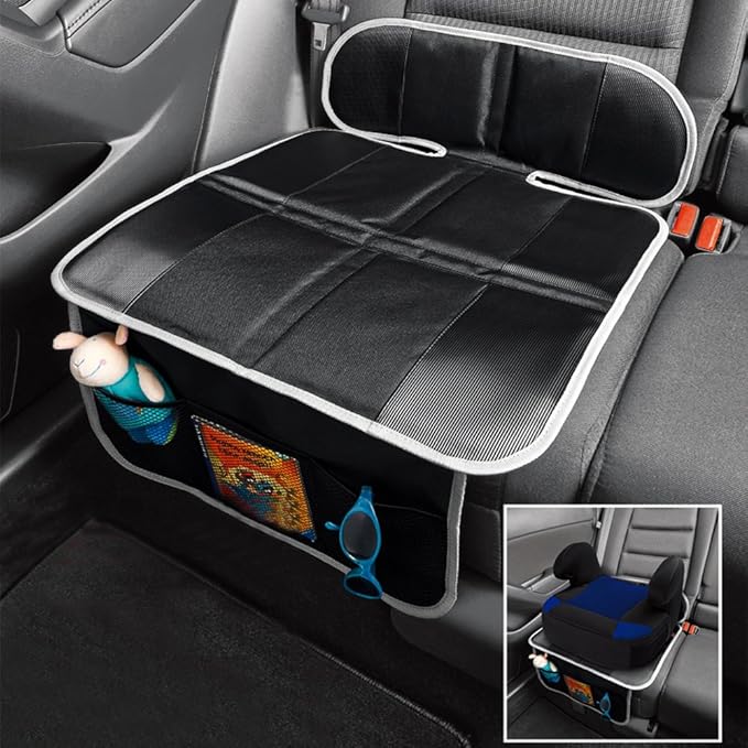 Big Ant Car Seat Protector, Thick Padding Protection for Child & Baby Cars Seats, Dog Mat, Non Slip and Waterproof Protects Automotive Vehicle Upholstery with Extra Storage Pocket (Black)