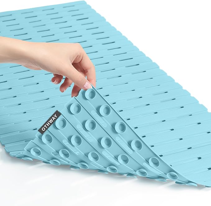 OTHWAY Shower Mat Non Slip, 36.6" x 16.9" Non Slip Soft Bath Mat for Tub, Shower Anti Slip Mat with Suction Cups, Easy to Cut Shower Floor Mat, Machine Washable Bathtub Mat, Light Blue