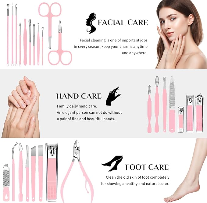26-Piece Professional Manicure Set，Features Stainless Steel Tools, Carbon Steel Clippers & Travel Case for Women's Home and Travel Grooming，Luxury Nail Care Gift for Her(Pink)