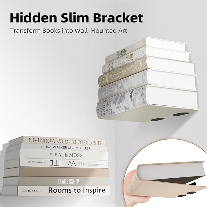 STORAGE MANIAC Floating Book Shelves for Wall Mounted Invisible Floating Bookshelves Heavy-Duty Steel Hidden Bookshelf Hanging Bookshelves for Bedroom Living Room Office, Black 4-Pack