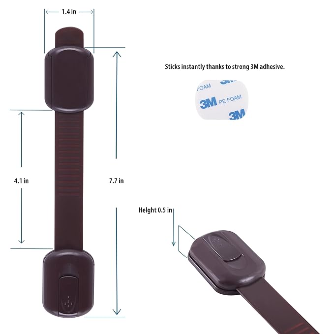 CUTESAFETY - Child Safety Cabinet Locks (4 Pack) – Adjustable Baby Proofing Strap Latches with Strong 3M Adhesive – No Drill Childproof Locks for Drawers, Cabinets, Fridge, Door, Closet, Brown
