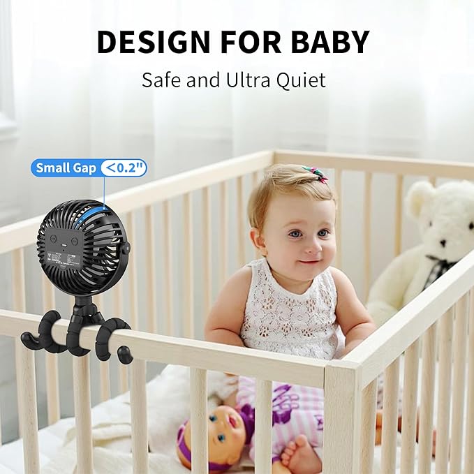 AMACOOL Battery Operated Stroller Fan, Newborn & Baby Travel Essentials, Registry Gifts, Flexible Tripod Clip On Fan with 3 Speeds and Rotatable for Car Seat Crib Bike Treadmill, Beach Essentials