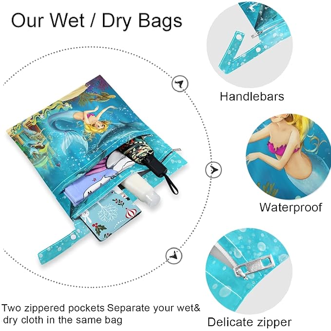 visesunny Cartoon Ocean And The Mermaid In Underwater Kingdom Swimming With Whales 2Pcs Wet Bag with Zippered Pockets Washable Reusable Roomy for Travel,Beach,Pool,Daycare,Stroller,Diapers,Dirty Gym C
