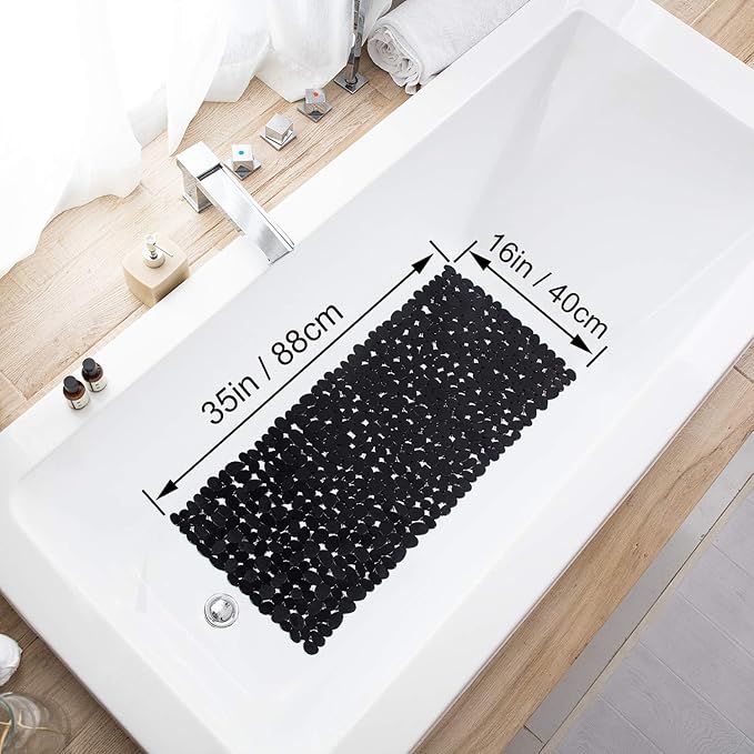 Bath Tub and Shower Mats, Non-Slip Pebble 35 x 16 Inches Machine Washable Bathtub Mat with Drain Holes, Suction Cups for Bathroom (Black)