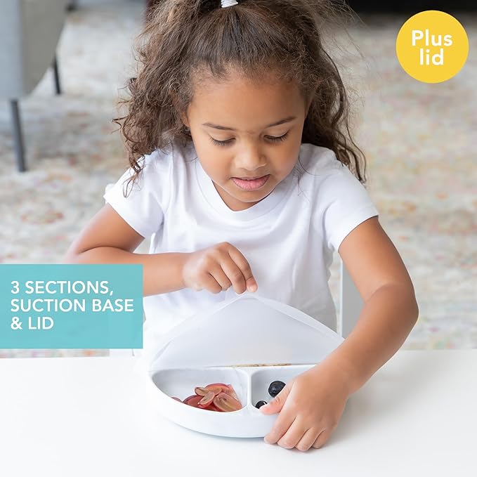 Bumkins Toddler and Baby Suction Plate, Silicone Divided Grip Dish and Lid, Babies and Kids, Baby Led Weaning, Children Feeding Supplies, Non Skid Bottom, Platinum Silicone, Ages 6 Months Up, Marble