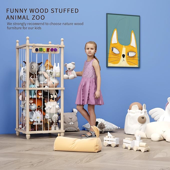 Stuffed Animal Storage Wood Toy Storage Organizer, Upgraded Design from Bean Bag Stuffed Animal Hammock Plushie Net, Large Toy Chest Stuffed animal holder for Kids Nursery Playroom Bedroom （L）