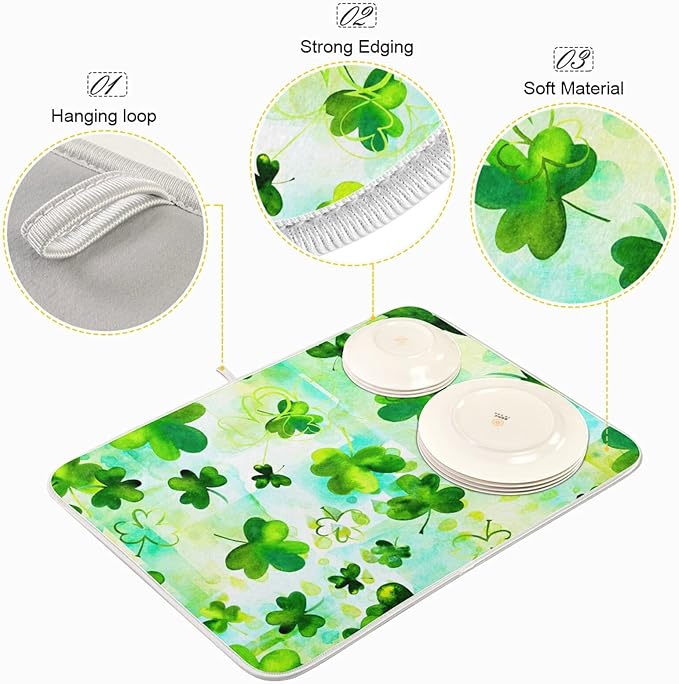 Absorbent Dish Drying Mat for Kitchen Counter - Clover Clover Microfiber Drying Pad, Reversible Drainer Mats for Countertop, Small 16" x 18"