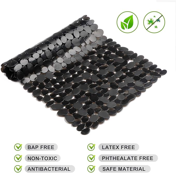 WELTRXE Non Slip Bathtub Mat 35 x 16 Inches Pebbles Shower Mats with Suction Cups, Drain Holes for Bathroom Showers, Tub, Machine Washable Bathroom Mats BPA, Latex Free Safe Tub Mats - Black
