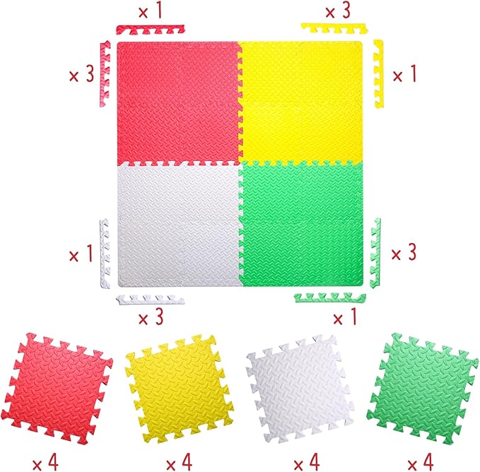 Coolcandy Baby Foam Play Mat 16Pcs with Edge Strips, 4 Colors Interlocking Floor Tiles, 0.4″ Thickened Non-Slip Puzzle Floor Mat for Infants Toddlers Playroom & Daycare