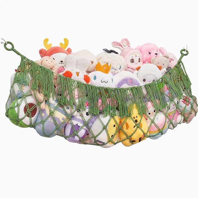 Stuffed Animal Net Hammock, Premium Cotton Hand-knitted plush hammock, Save space Eliminate Clutter Boho Stuffed Animal Storage for Nursery, Bedroom Decor - Avocado green