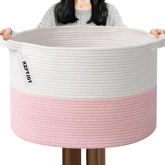 Large Storage Basket with Handle,23.6" x 23.6" x 15.7" Blanket Basket Storage Bins for Organizing,115L Cotton Rope Woven Baskets for Living Room, Nursery,Bedroom,White&Pink