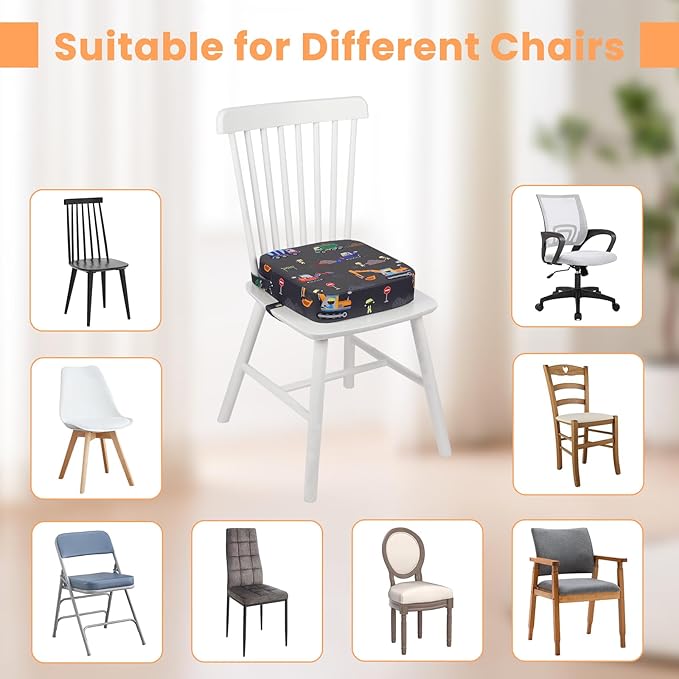 Toddler Booster Seat for Dining Table, 4" Kids Booster Seat for Kitchen Chair with Non-Slip Bottom, Portable Detachable Washable Increasing Cushion with 2 Adjustable Straps (Excavator)