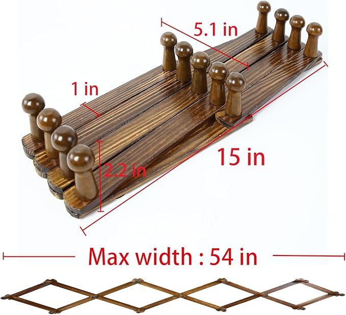 AMAPON Accordion Style Expandable Wall Wooden Coat Rack 13 Hooks (Pegs) Hang Hats Jackets Coffee Mug Purses Necklaces Towels Cap Leash Scarves Data Line Kitchenware (Walnut 2 Packs)