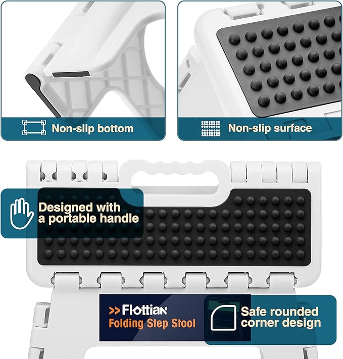 Flottian 13" Folding Step Stool for Adults and Kids Holds Up to 300 lbs,Non-Slip Folding Stools with Handle, Compact Plastic Foldable Step Stool for Bathroom,Bedroom, Kitchen White,1PC