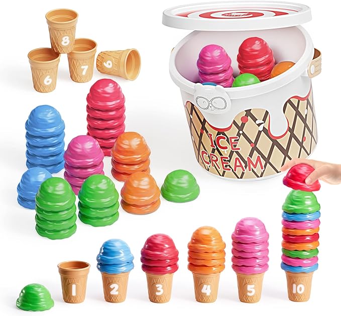JoyCat Ice Cream Preschool Learning Activities Counting and Color Sorting Set Stacking Toys for Kids 3-5, Educational Fine Motor Skills Toys, 65PCS Math Manipulatives Resources Food for Valentine Gift
