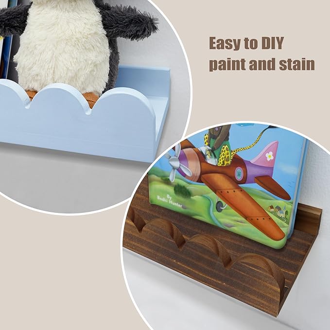Wall Book Shelves for Bedroom Kids with Hooks - Scalloped Shelves for Nursery Set of 3, Nursery Bookshelf for Wall Room Decor, 16 Inch