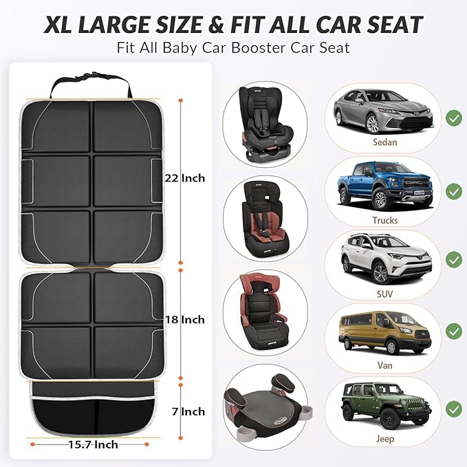 Gimars Car Seat Protector, 2 Pack, XL Thicken EPE Cushion Waterproof 600D Fabric Car Seat Cover for Child Car Seat with Nonslip Backing Mesh Pockets for Baby SUV Sedan Truck Leather Seats, Black-Gray