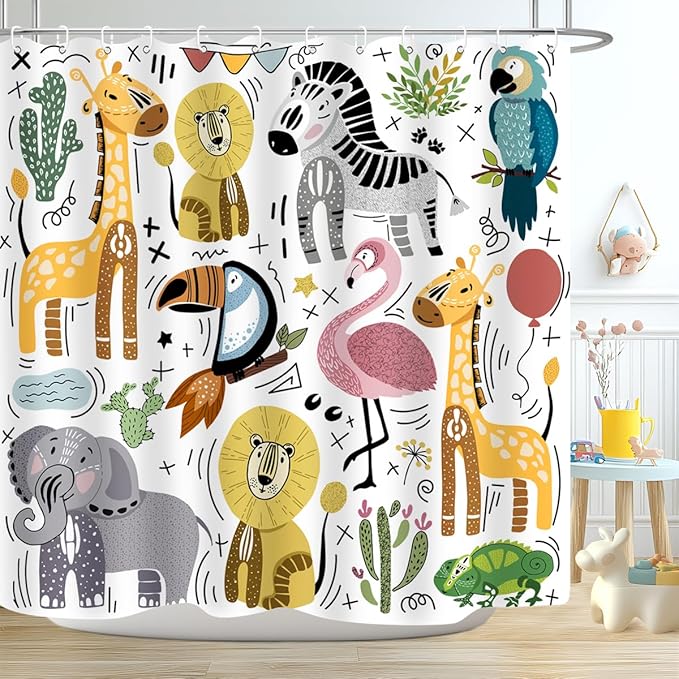 Cute Animal Shower Curtain Wildlife Lion Zebra Elephant Chameleon Flamingo Giraffe Home Bathroom Decor Waterproof Fabric 72Lx72W Inch with Plastic 12PCS Hooks