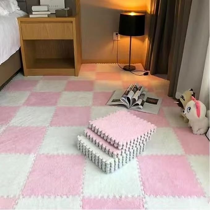 12pcs Plush Puzzle Foam Floor Mat, Cute Soft Fluffy Interlocking Square Foam Tiles Area Rugs Carpet for Parlor Bedroom Decoration(11.8x11.8x0.4in, Pink&White)