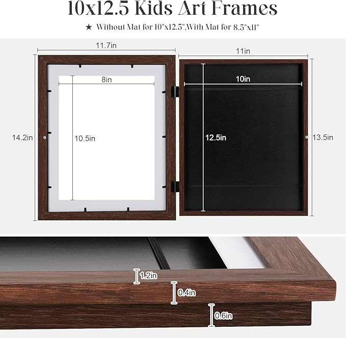 [2 Pack] Kids Art Frames, 10x12.5 Front Opening Kids Artwork Frames Changeable, Displays 8.5x11 With Mat and 10x12.5 Without Mat, Holds 50 Pcs, for 3D Picture, Crafts, Hanging Art, Portfolio Storage