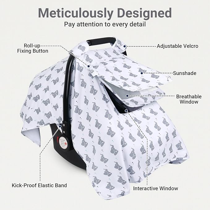 Car Seat Cover Baby, Carseat Covers Baby with 2 Layers Breathable Windows, Windproof Infant Car Seat Cover, Kick-Proof Baby Carrier Cover for Baby Boy Newborn Essentials