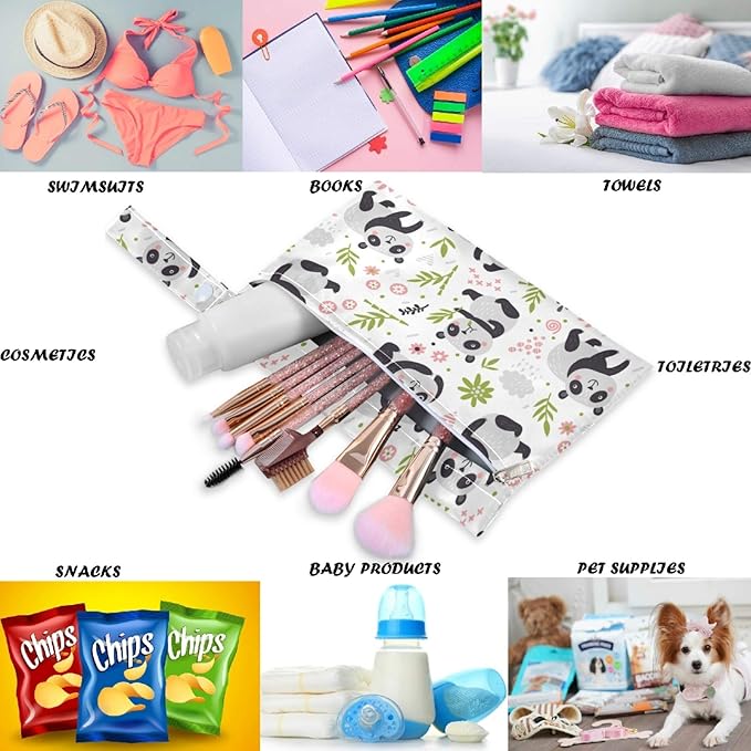 visesunny Cute Panda 2Pcs Wet Bag with Zippered Pockets Washable Reusable Roomy for Travel,Beach,Pool,Daycare,Stroller,Diapers,Dirty Gym Clothes, Wet Swimsuits, Toiletries