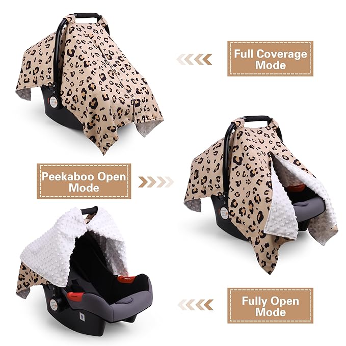 Rquite Car Seat Cover Baby, Carseat Covers for Boy Girl, Minky Infant Car Seat Cover Winter, Peekaboo Opening Car Seat Canopy, Multiuse Baby Carrier, Stroller, Nursing Cover, Minky Blanket, Leopard