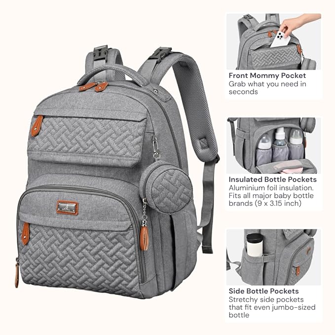 BabbleRoo Diaper Bag Backpack - Travel Large Baby Diaper Bag with Changing pad, Waterproof Baby Bags for Mom & Dad, Unisex Bags with Pacifier Case, Luggage Strap & Stroller Clips– Light Gray
