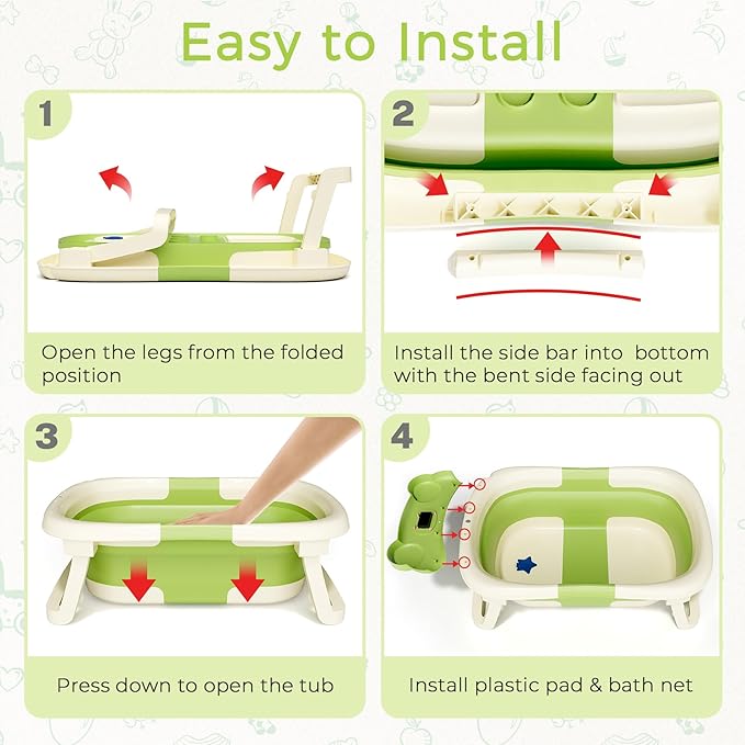 Baby Bathtub, Collapsible Newborn Bathtub for Infant to Toddler 0-24 Months with Soft Cushion and Thermometer,Portable Travel Newborn Tub with No-Slip Feet, Baby Shower Gifts,Green