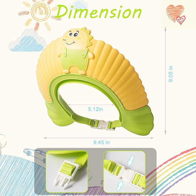 Baby Shower Cap Shield, Shower Cap for Kids, Visor Hat for Eye and Ear Protection for 0-9 Years Old Children, Cute Little Dinosaur Shape Makes The Baby Bath More Fun (Yellow)
