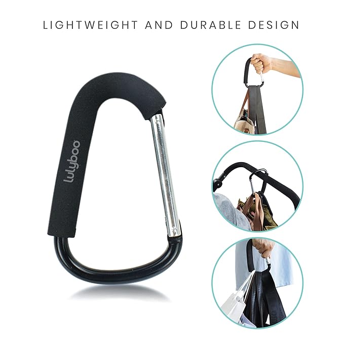 Lulyboo Multi-Use Metal Organizer Hook - Heavy-Duty Stroller, Diaper Bag & Purse Carabiner with Spring-Loaded Closure, EVA Grip, Black - Lightweight, Versatile, Holds Up to 99 lbs