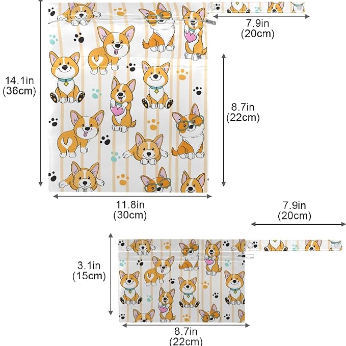 visesunny Corgi Dog 2Pcs Wet Bag with Zippered Pockets Washable Reusable Roomy for Travel,Beach,Pool,Daycare,Stroller,Diapers,Dirty Gym Clothes, Wet Swimsuits, Toiletries