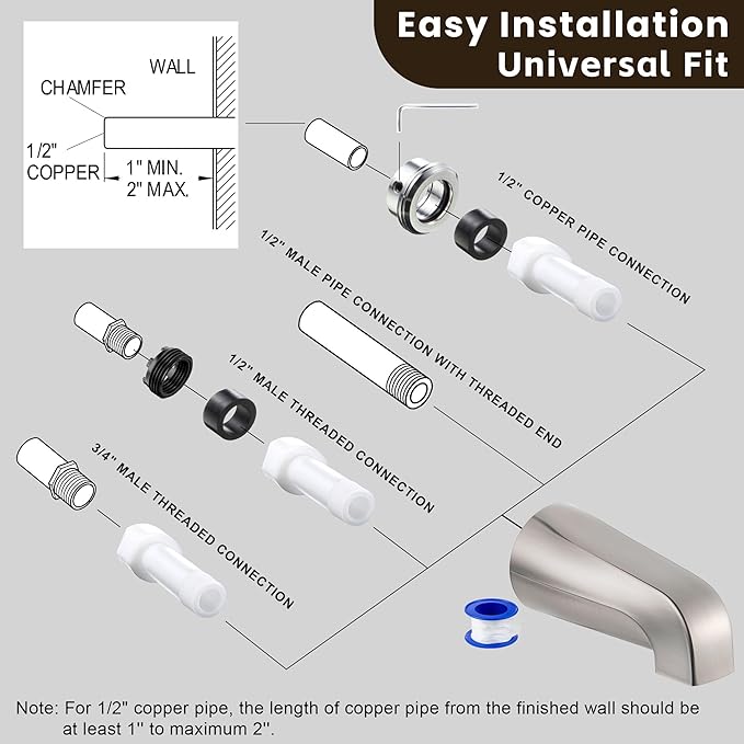 Dreyoo Tub Spout (Universal Fits 1/2" Copper Pipe, 1/2" IPS and 3/4" IPS), Bathroom Bathtub Faucet with Adapters and Hex Wrench(Brushed Nickel,Without Diverter)