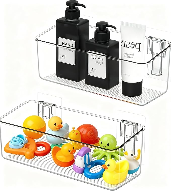 BIINONE No-Drill Adhesive Wall Mounted Storage Organizer - 2 Pack Set for Bath Toys Storage, Kitchen, Bathroom & Pantry, Laundry Utility Room Storage Bins