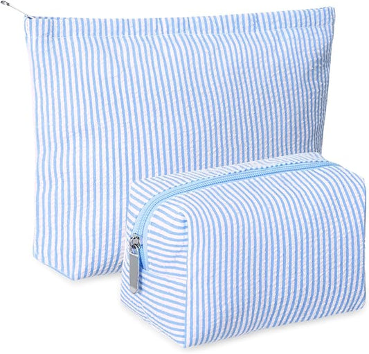 2 Pcs Makeup Bag Set Cute Cosmetic Pouch for Women Seersucker Travel Toiletry Bag Preppy Small Makeup Purse Pouch Aesthetic Skincare Brushes Storage Organizer for Valentine Women(Blue)