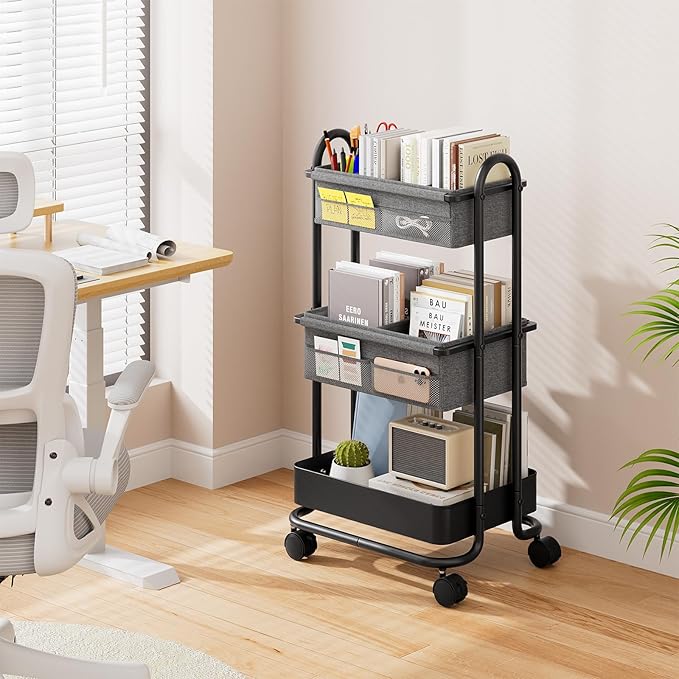 Baby Diaper Caddy Organizer Cart - 3 Tier Rolling Storage Cart with Wheels, Baby Essentials for Nursery Storage, Detachable Dividers - for Crib, Bedroom, Art & Craft Organizer (Black)